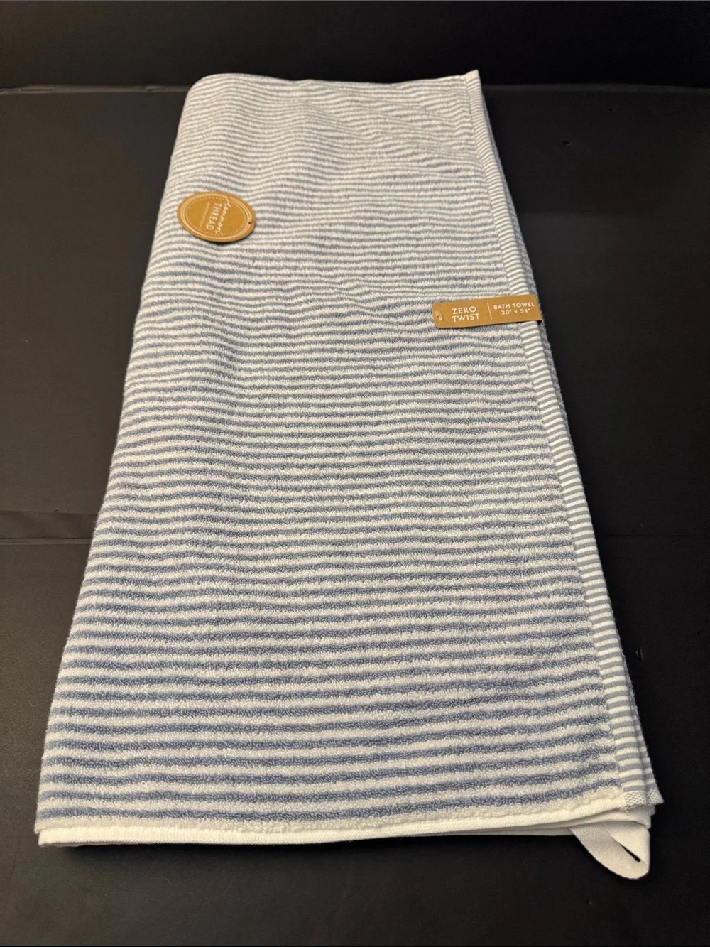 2pc COMMON THREAD 100% Zero Twist Cotton Bath Towel Set -MINISTRIPE -Blue/White
